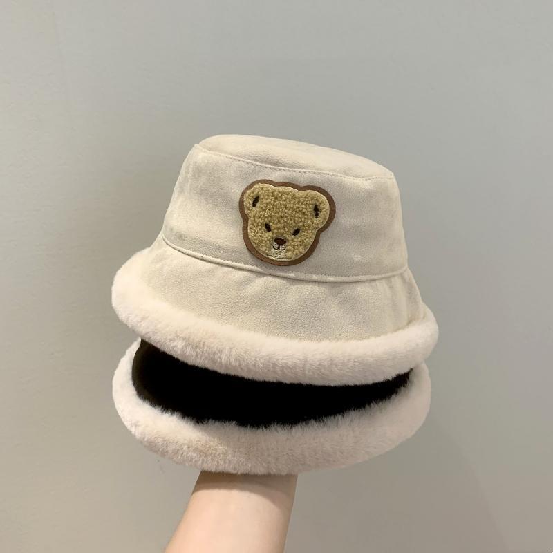 Cute Bear Plush Bucket Hat for Baby Autumn Winter Girls Boys Solid Color Fisherman Hats Thicken Warm Kids Outdoor Basin Cap