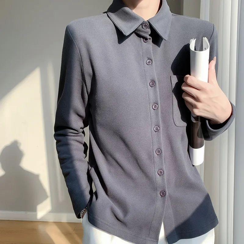 

Lapel Solid Color Button Cardigan Shirt Women s Autumn and Winter Long-sleeved Bottoming Velvet Top S серый