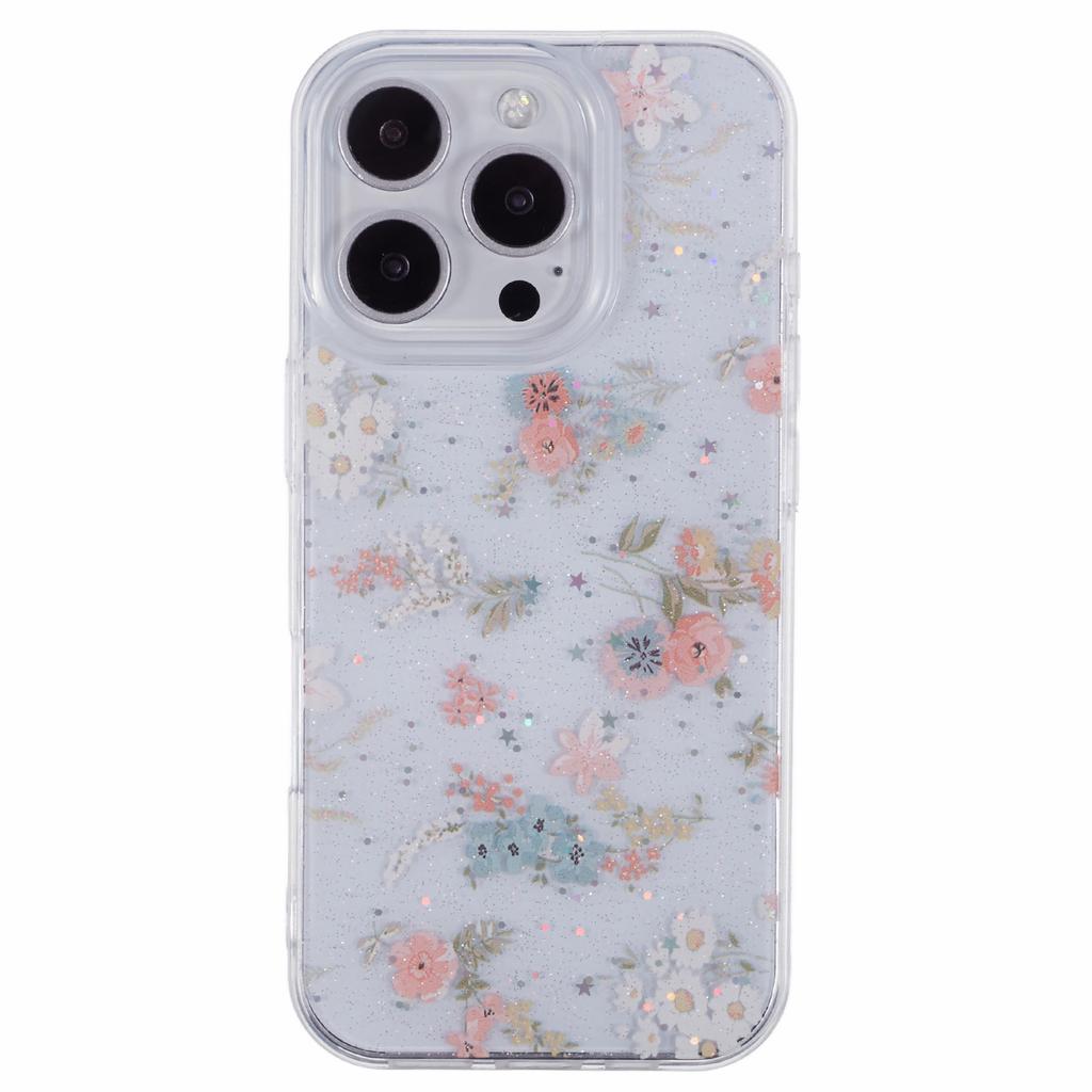 For iPhone 16 Pro Case Glitter Flower Epoxy Shockproof Phone Cover