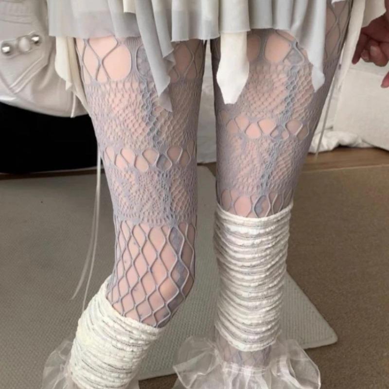White Socks Women's Spring/Summer Sweet Lolita JK Tights Thin Mesh Cutout Fishnet Stockings Retro Style Lace Jacquard Pantyhose