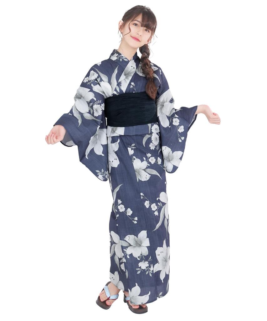 Yukata Set Junior Retro Change Weave 3 Piece Set Heiko C Girls Lily Floret Evening [KYOETSU] (Yukata, Obi, Geta) (130cm, 11. Wear)