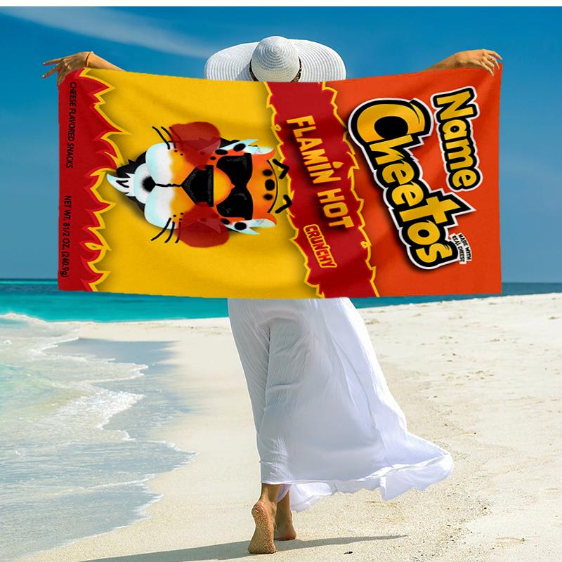 Custom Name Ultra-Soft Beach Towel with Cheetos Theme,Ideal for Pool - Camping, Diving - Perfect Travel Essential, Vibrant Beach Towel.