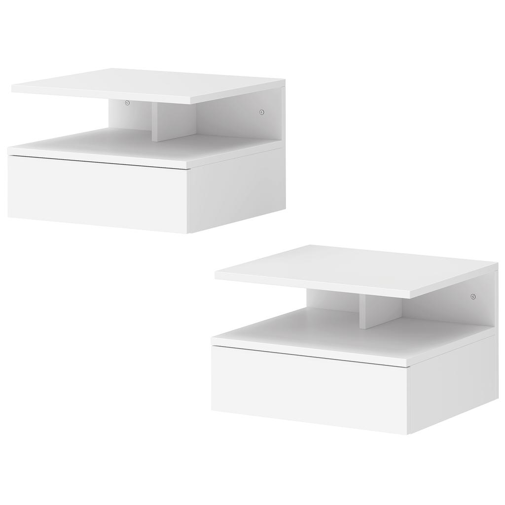Set of 2 Floating Nightstands, Drawer and Open Shelf, 35x32x22.5 cm, White