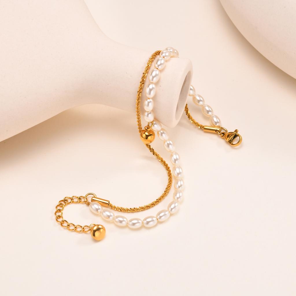 Double Layer Stacked Bracelet Stainless Steel Gypsophila Chain Imitation Pearl Ball Bracelets For Women Gold Color Jewelry