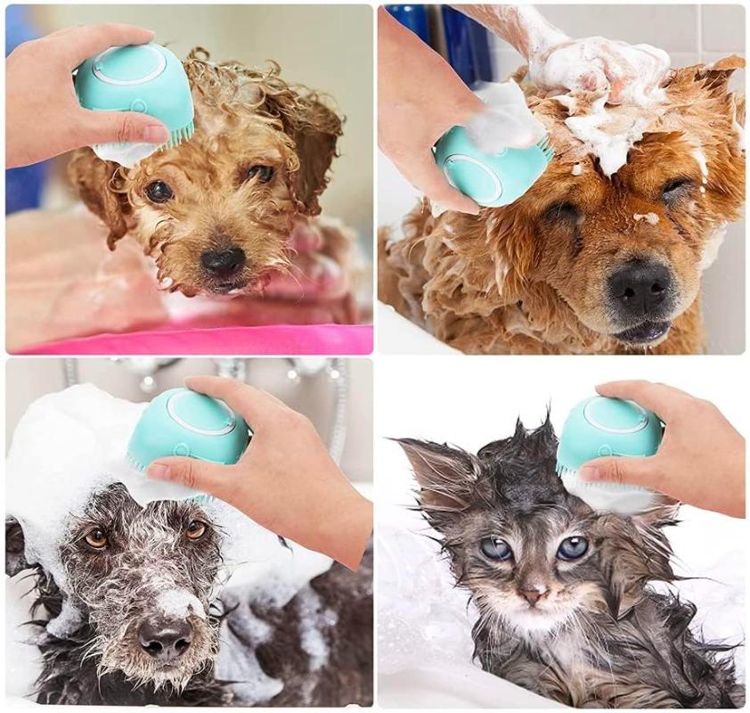 Dog Bathing Brush Pet Massage Brush Shampoo Dispenser Soft Silicone Brush Rubber Bristle for Dogs and Cats Shower Grooming Tool