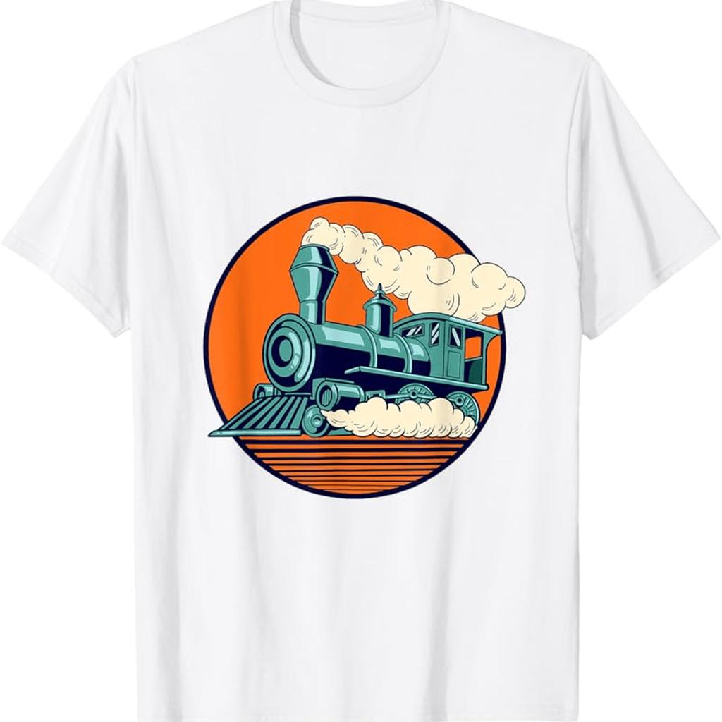 MenS Vintage Steam Locomotive Model Railroad Graphic TShirt with Green Locomotive Orange Smoke Print