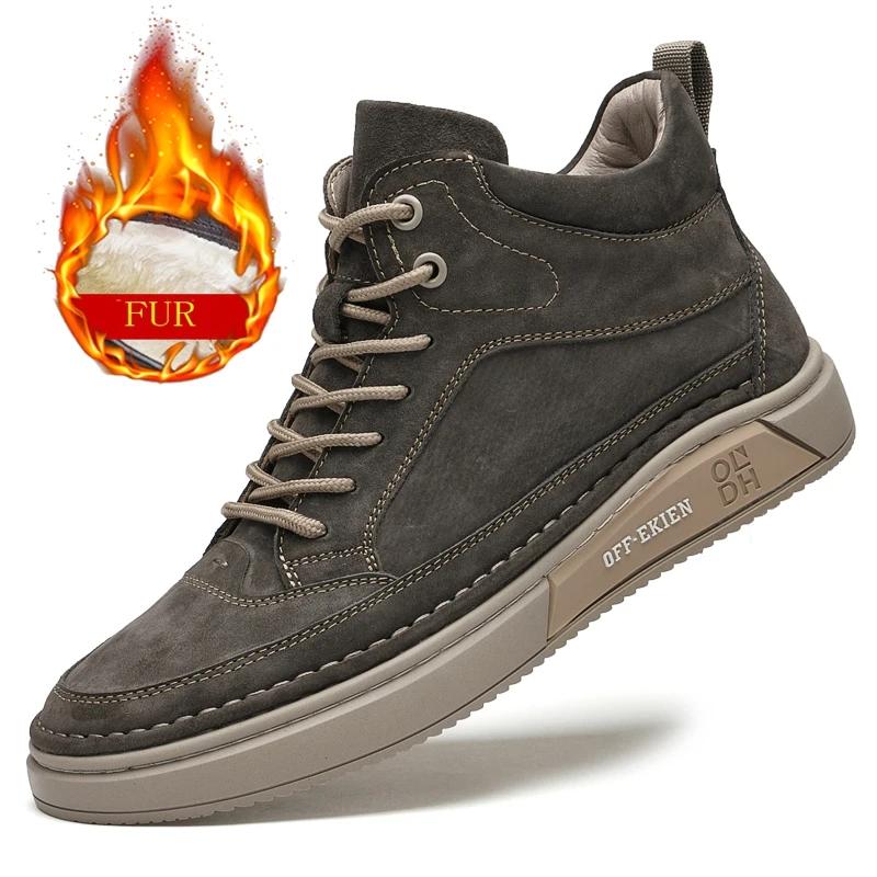 Fashion Comfortable Suede Leather Ankle Boots Outdoor Cowboy Boots Warm Plush Fur Winter Boots for Men Non-Slip Male Snow High-top Shoes