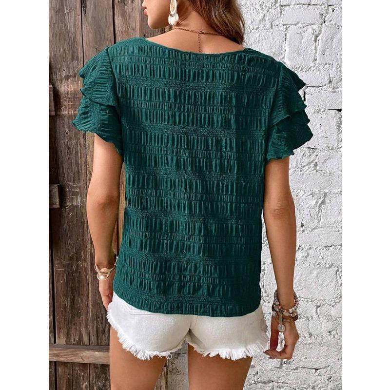 GMXIA Women's Fashion Casual Leisure Summer Solid Color Print Short Sleeve O-Neck Blouses & Shirts