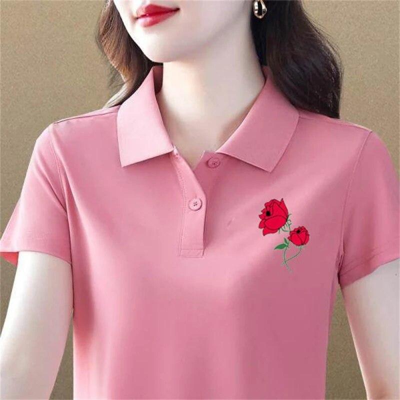 Women Fashion Short Sleeve Floral Print Tees Elegant Collar T-shirt Summer Casual Slim Button Basic Tops
