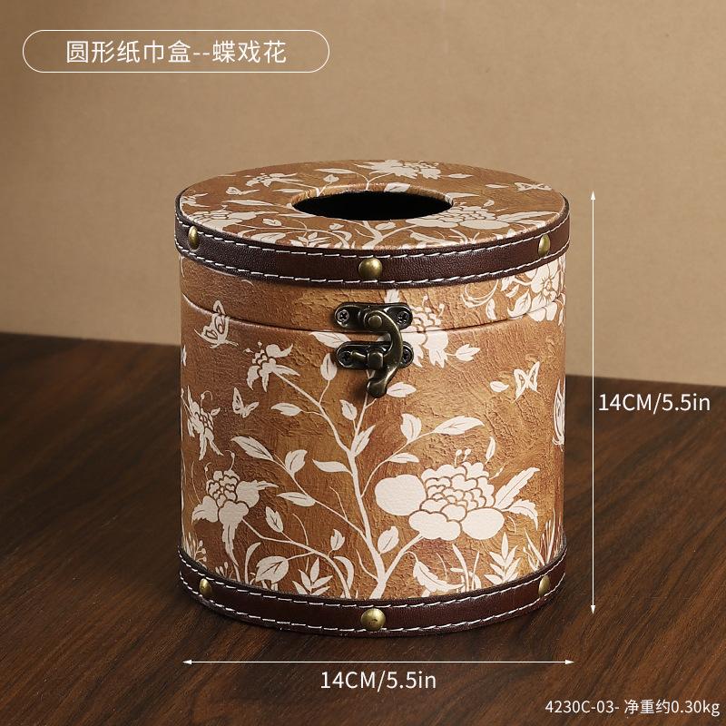 Chinese Style Guofeng Tissue Box Circular Leather Drawer Box Light Luxury Style Napkin Box Suitable for Home Living Room Bedroom