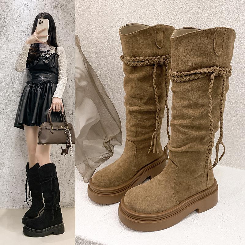New Style Popular Women's Luxury Knight Boots Fall Winter Women's Brown Tassel Mid-Leg Women's Boots Zapatos Mujer
