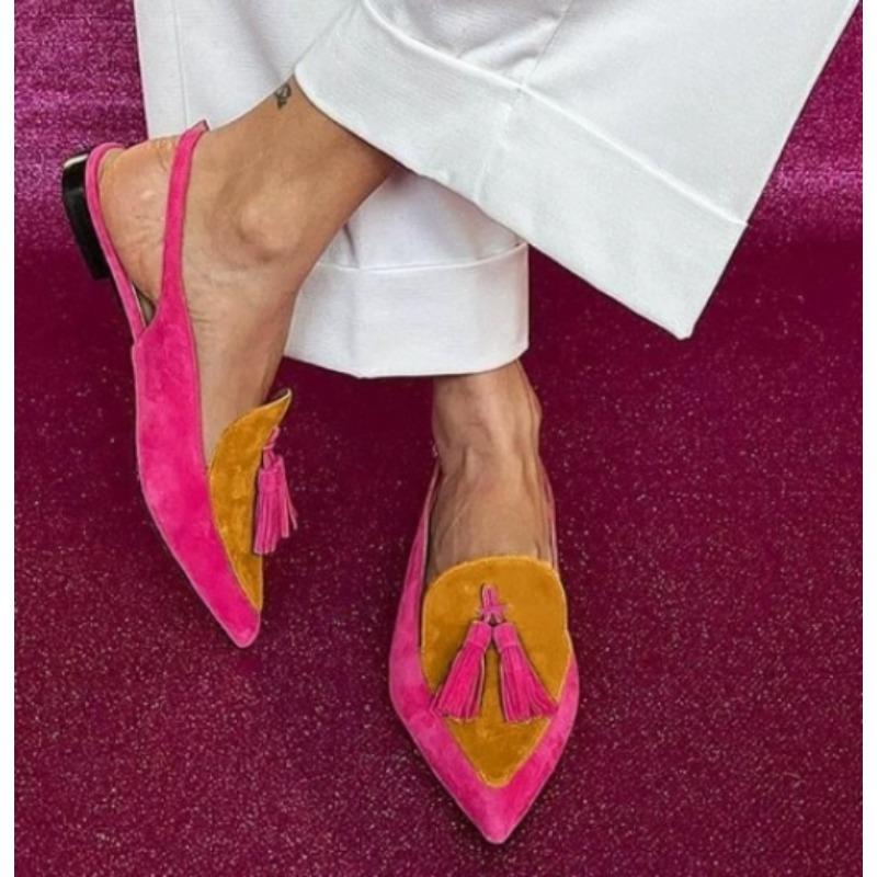 New Style Popular Summer Color Block Women's Shoes 34-43 Large Pointed Tassel Low Heel Back Air Sandals High Heels Womens Shoes