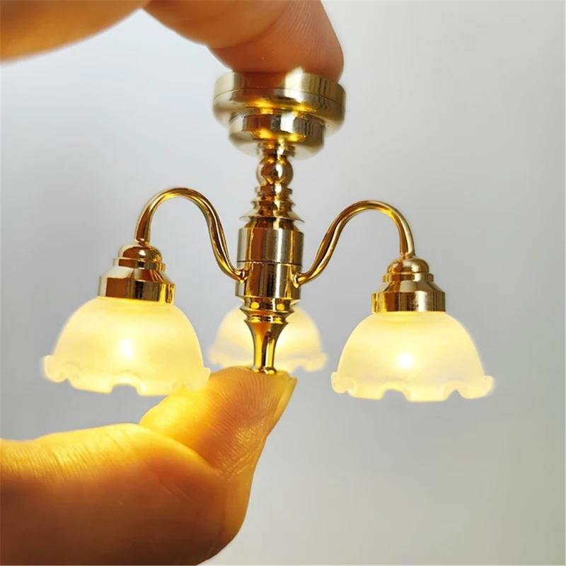 1/12 Dollhouses Chandelier 3 Head Ceiling Lamp LED Light Model with Gold Base Designs for Living Room Scene Decors