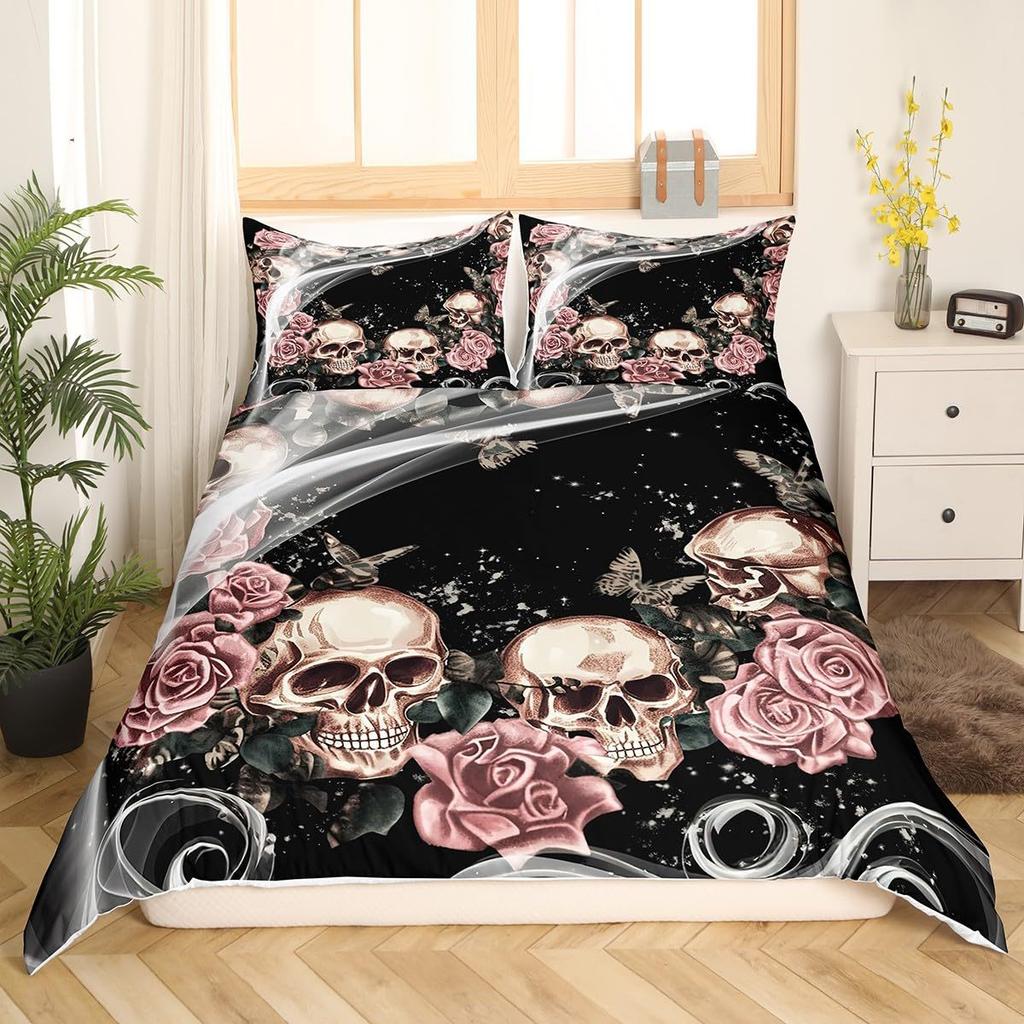 Black Damask Comforter Cover Set Exotic Sugar Skull Duvet Covers Gothic Vintage Floral Skeleton Bedding Set Bohemian Quilt Cover