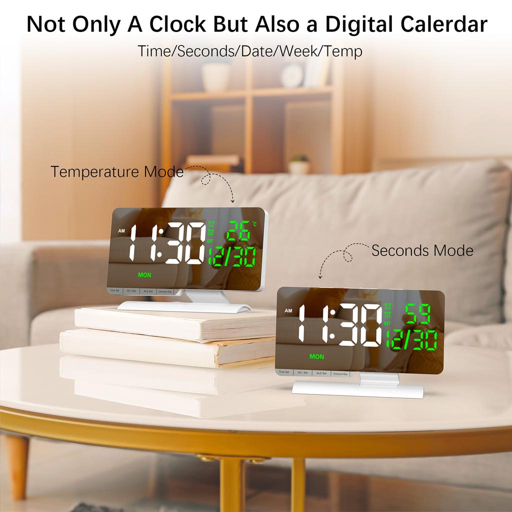 6.6 Large Display Digital Desk Clock, Dual Alarm Clock with Indoor TemperatureCelsiusDate, USBCelsiusType-C Charging Ports, 6- Dimmer, 5 Volume