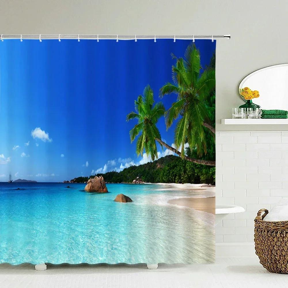 Seascape Beach Shower Curtains Bathroom Shower Curtain 3D Fabric Curtain Waterproof Curtain Easy To Install, Smooth and Silent