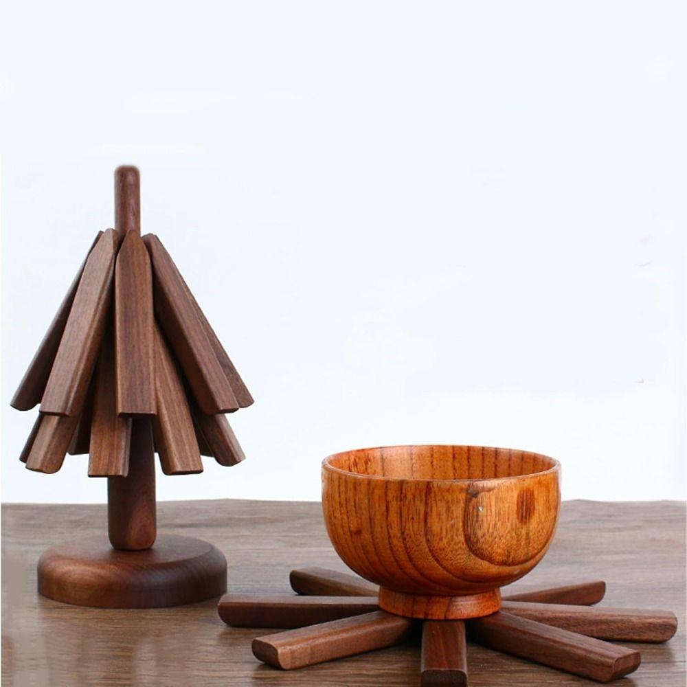 Foldable Wooden Trivet for Hot Dishes Non-Slip Placemats Ornaments Walnut Tree Table Mat Set Pot
