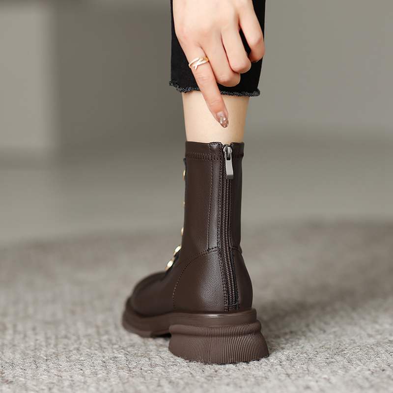 Krazing Pot Podzimní zimní boty z hovězí kůže s kulatou špičkou Kovové zapínání Silný střední podpatek Zip Chelsea Boots Dámské kotníkové boty