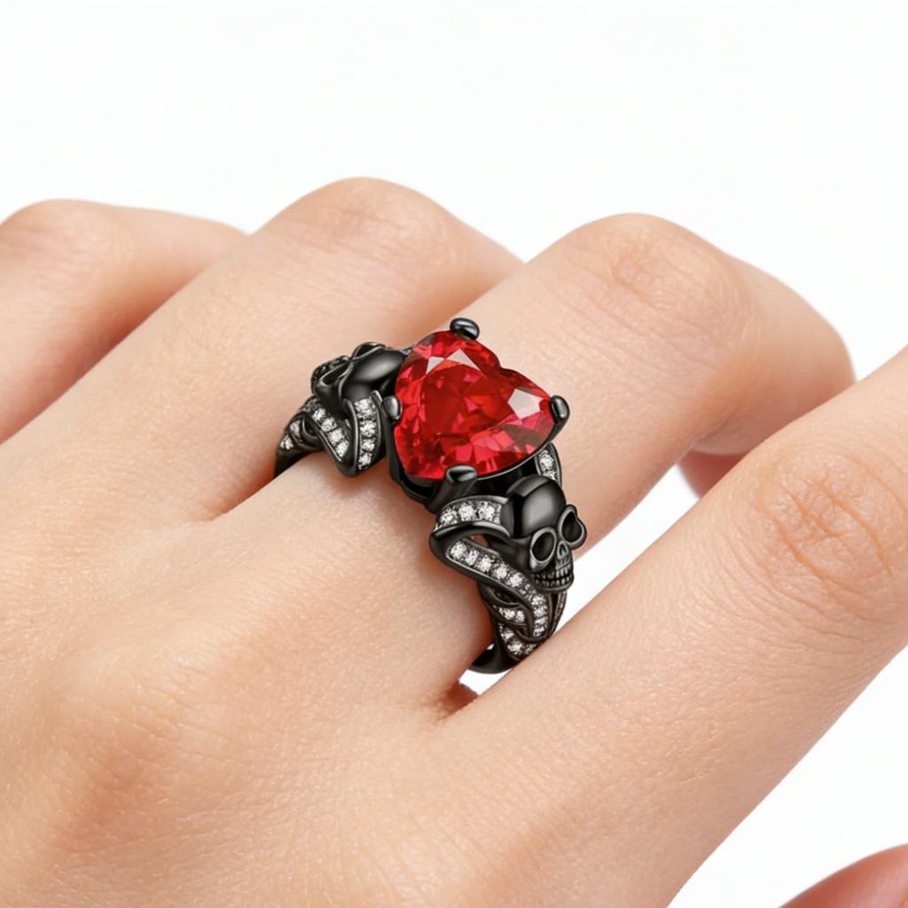 Gothic Black Crystal Skull Ring for Women, Purple Red Inlaid Crystal, Unique Dark Gothic Punk Statement Jewelry