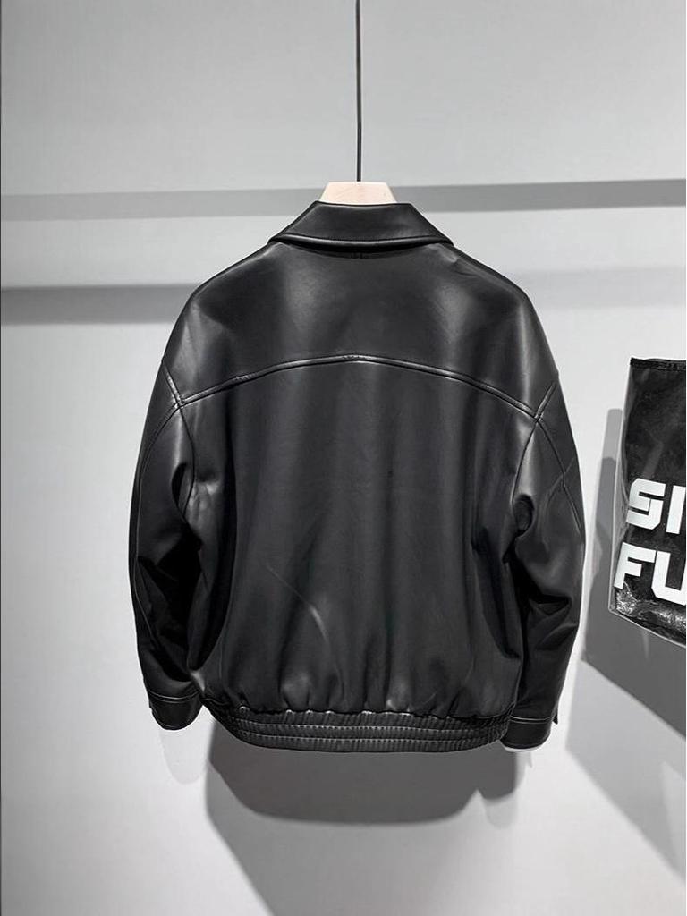 Męska stylowa skórzana kurtka slim fit - Wiosna/Jesień, z klapami, gładka, 2025