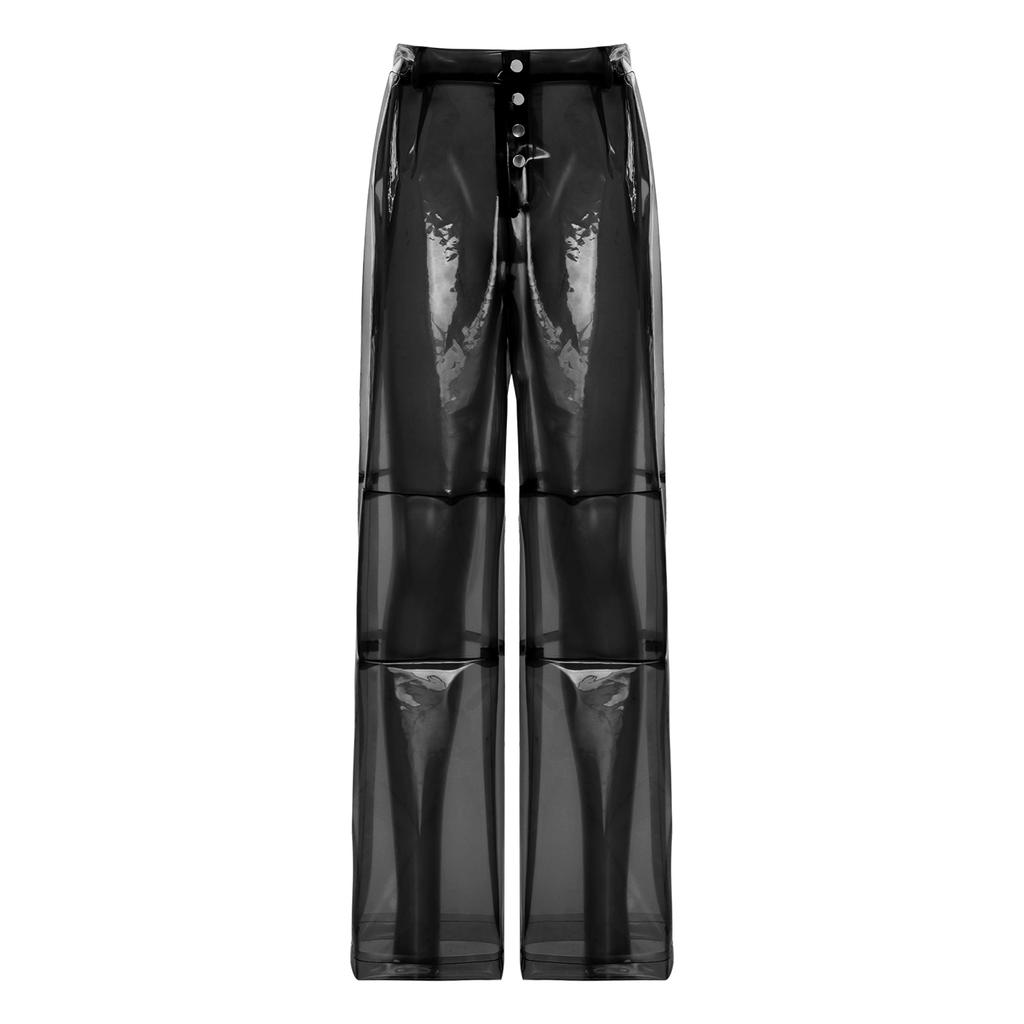 S-XXL Women See Through PVC Pants Button Waist Back Pockets Wide Leg Straight Trousers for Party Dancing Prom Cover Up