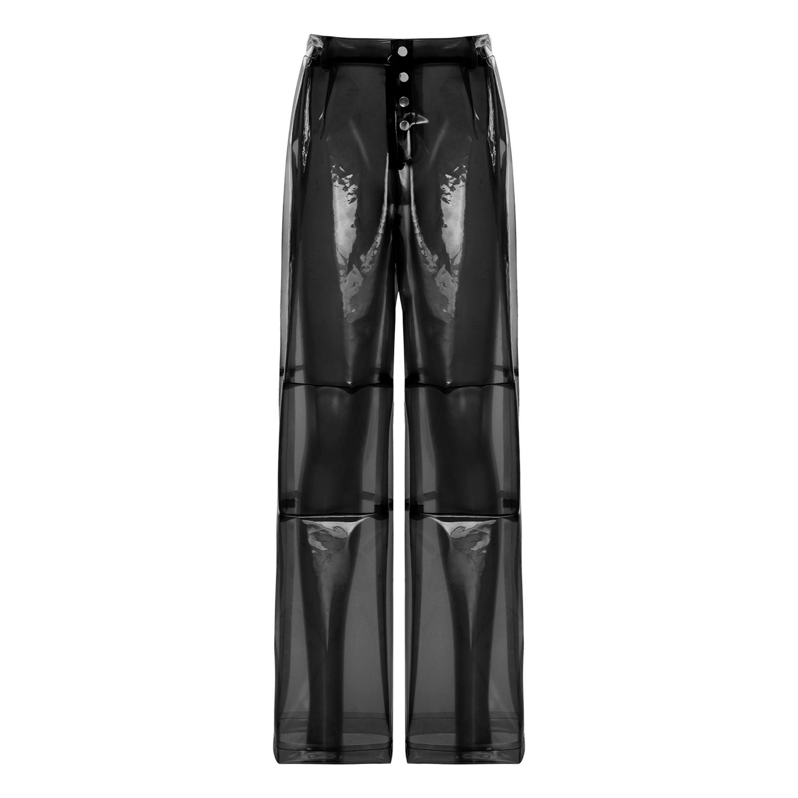 S-XXL Durchsichtige PVC-Hose mit Knopfleiste Gesäßtaschen Weiter Beinschnitt Überwurfunterteil für Abschlussball Tanz Nachtclub Party S
