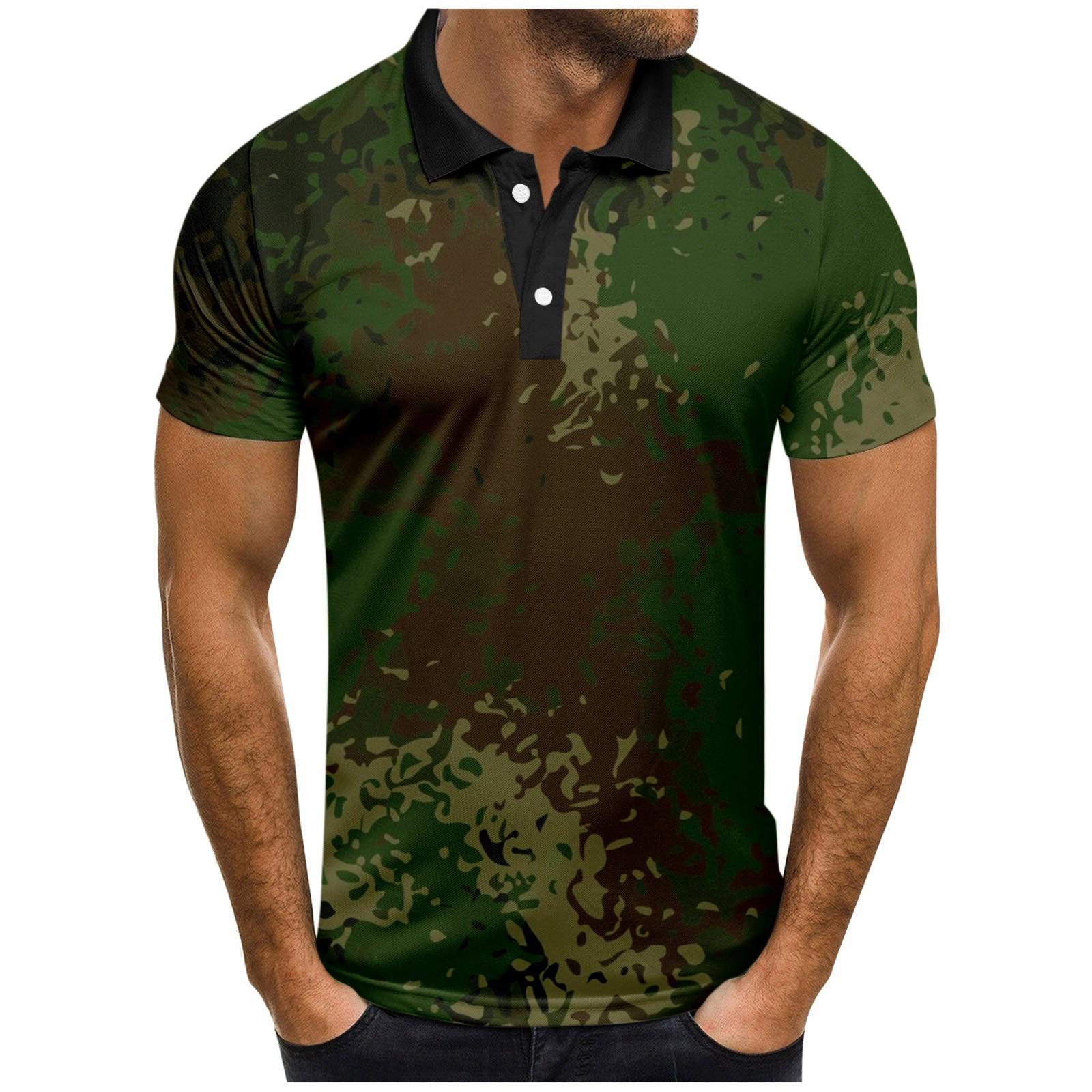 

Чоловічі модні повсякденні футболки з камуфляжним принтом і лацканами з короткими рукавами L зелений