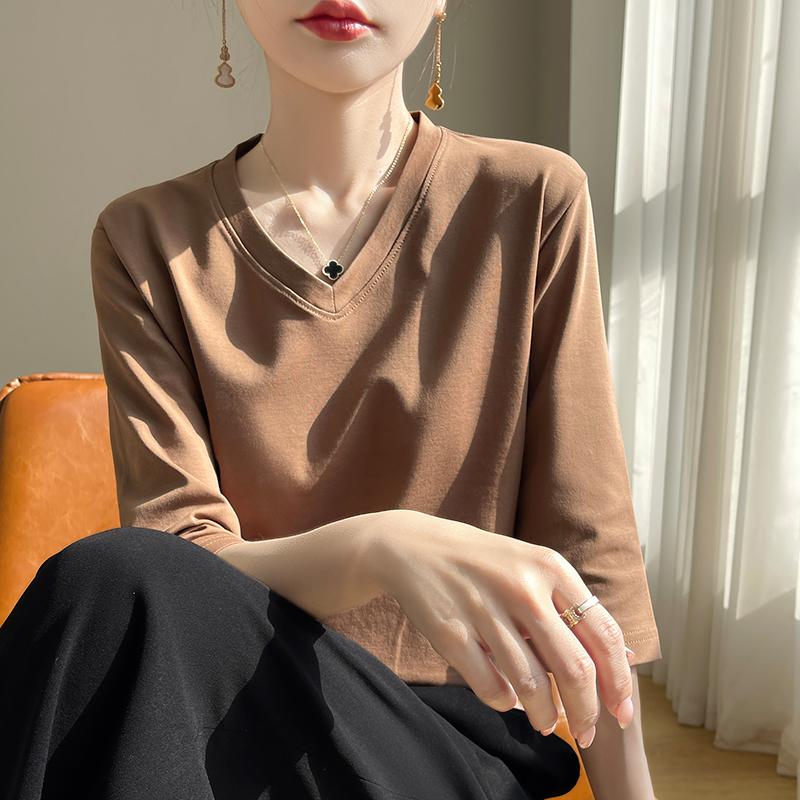 Spring Summer Cotton V-neck T-shirt Short-Sleeved Women's Half-Sleeve Bottoming Shirt High-End Cropped Sleeve Top