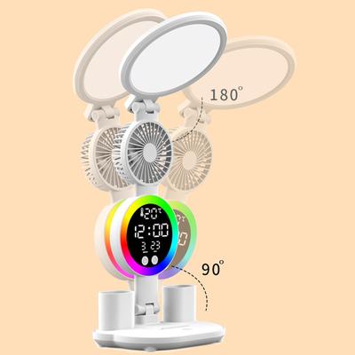 Dobíjecí stolní lampa na studium, Stolní lampa Světlo na čtení LED stolní světlo s ventilátorem, LED displej hodin Lampa na čtení