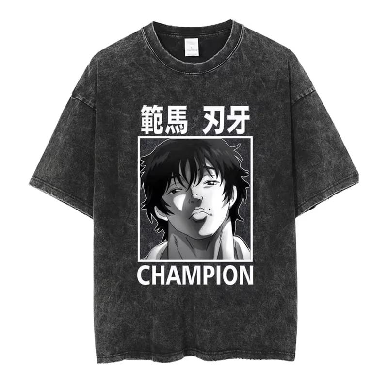 Baki Print Vintage Baumwoll-T-Shirt Herren Damen Sommer Lässig Übergroß Streetwear Fitnessstudio Workout Training Kurzarm Grafik-T-Shirt