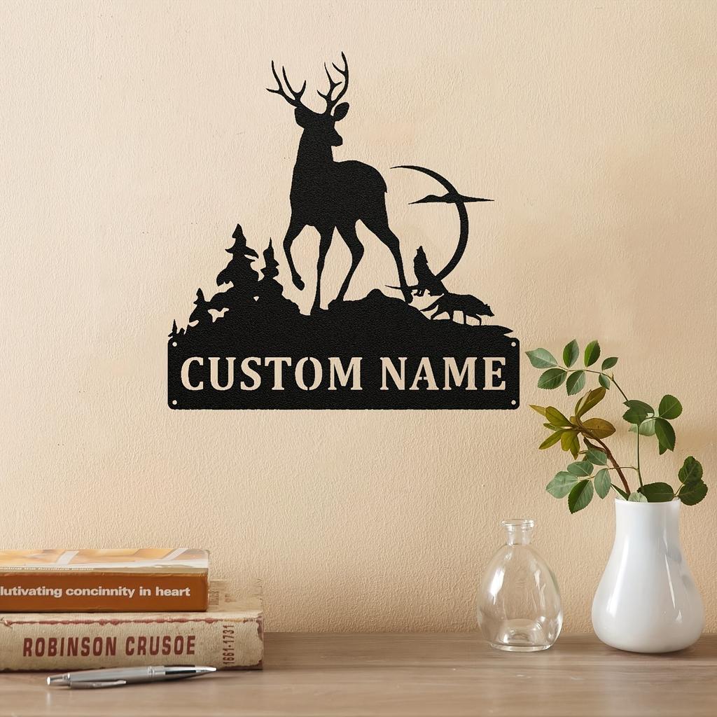 Customizable Deer Silhouette Metal Wall Art, Personalized Family Name Sign for Home Decor Indoor Outdoor