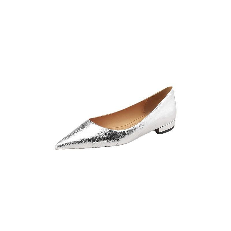 2025 spring and summer new leather pattern pointed head low heel flat shoes light mouth four seasons versatile women's shoes silver temperament single