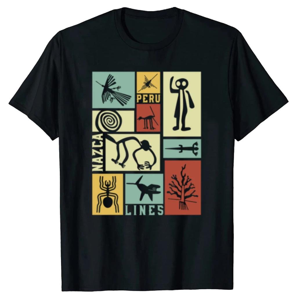 Funny Peru Geoglyph Astronaut Retro Graphic T-shirts Men Women's Fashion Casual Tshirt 100% Cotton Loose Oversized T Shirt