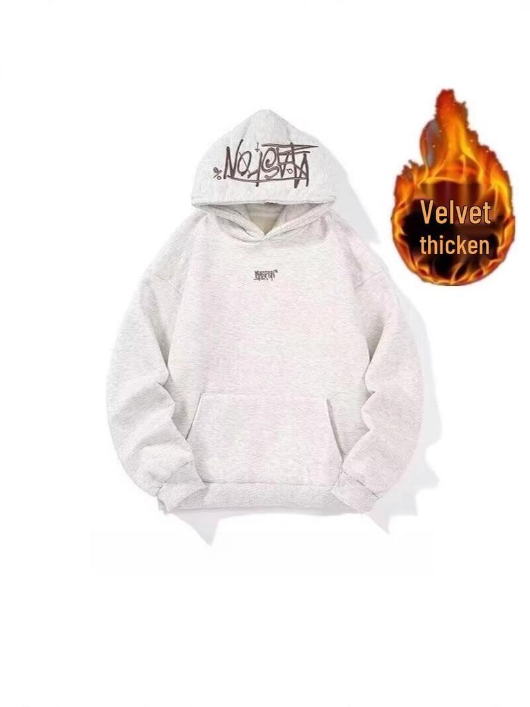Men's American Style Gradient Letter Embroidery Fleece-Lined Hooded Sweatshirt, Autumn Loose Fit Versatile Casual Hoodie