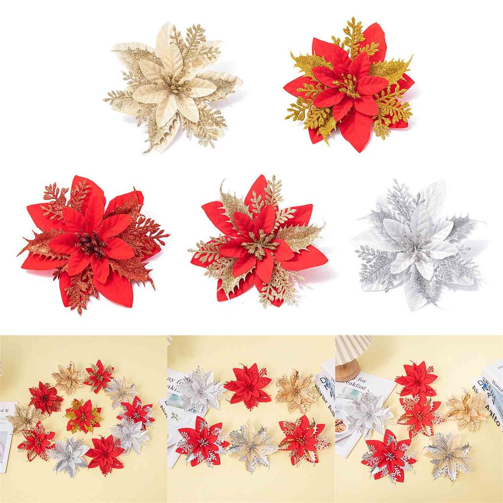 10pcs Glitter Artificial Poinsettia Flower Christmas Decorations for XmasTree Wreath Ornament Wedding Home New Year Gift