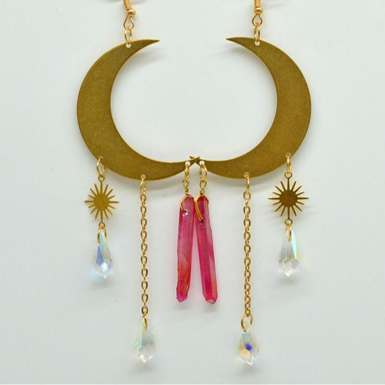 Multi-colored Copper Moon and Sun Raindrop Crystal Earrings