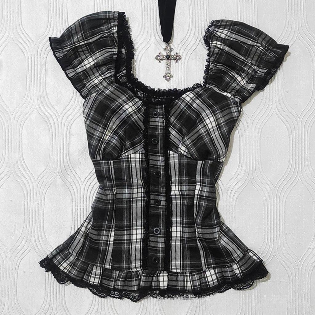 TrendHub Harajuku Dames Shirts Modieuze Casual Geruite Print Chique Emotionele Meisjes High Street Rock Gothic Dagelijkse Topjes met Korte Mouwen