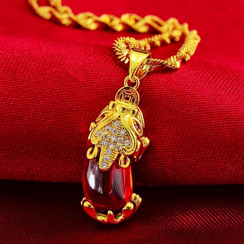 Vietnamese Gold-Plated Brass Jewelry Set with Red Corundum Gemstone: Pixiu Ring, Bracelet, and Necklace.