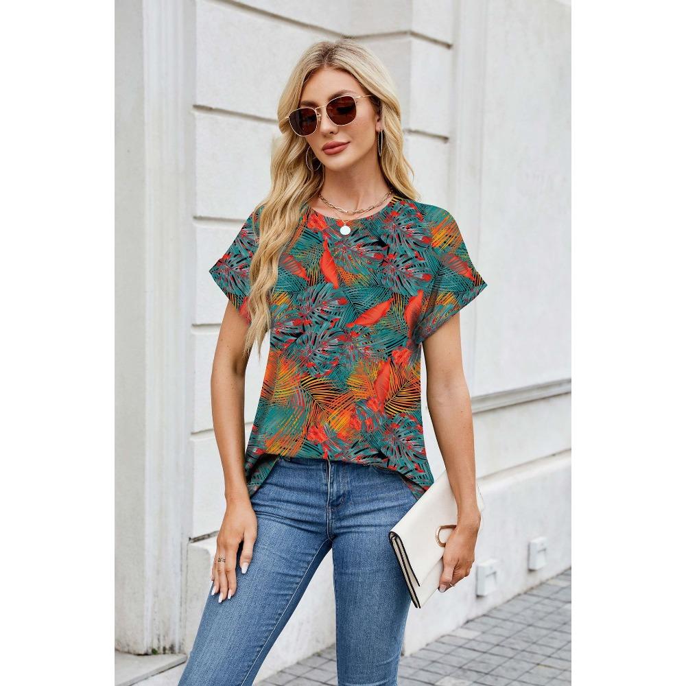 Summer Printed Round Neck Loose Short Sleeved T-shirt Casual Versatile Top for Women