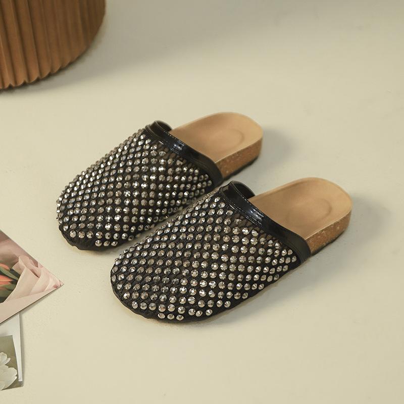 

Сетчатые полушлепанцы с толстой подошвой и стразами, женские, лето 2025, новая уличная модель, ленивые шлепанцы на одном педале, пляжные прохладные шлепанцы 36 чёрный
