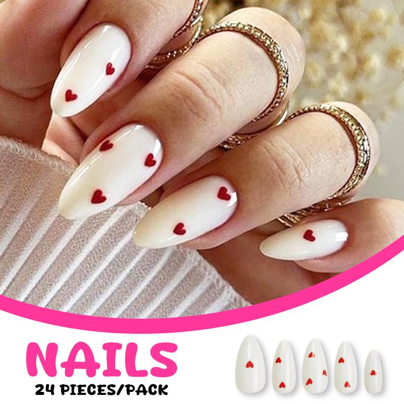 Milky White Almond Heart Wearable Nail Patches - False Nails