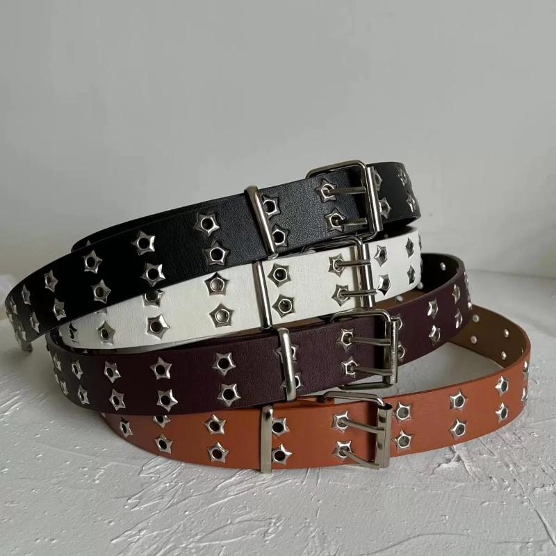 Cinture in Pelle Rivettate Donna Uomo Stella PU Nero Bianco Cintura in Vita Doppia Fila Traforata Fascia Vita alla Moda Decorazione Jeans Gonna