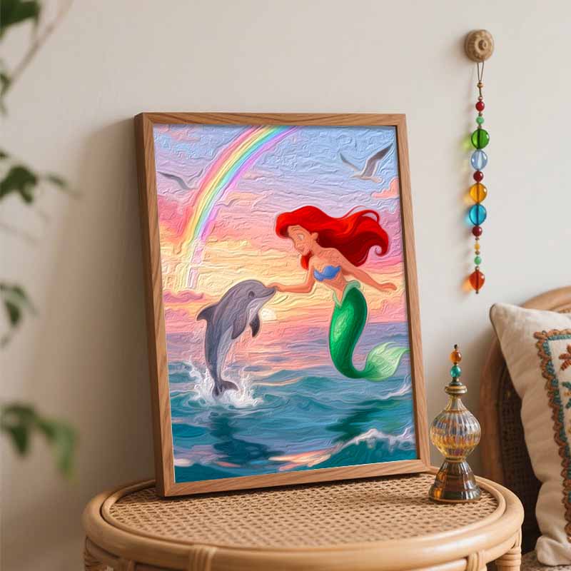 Disney Digital Oil Painting Diy Oil Painting Mermaid Dolphin Rainbow Hand Painting Living Room Bedroom Decoration Painting