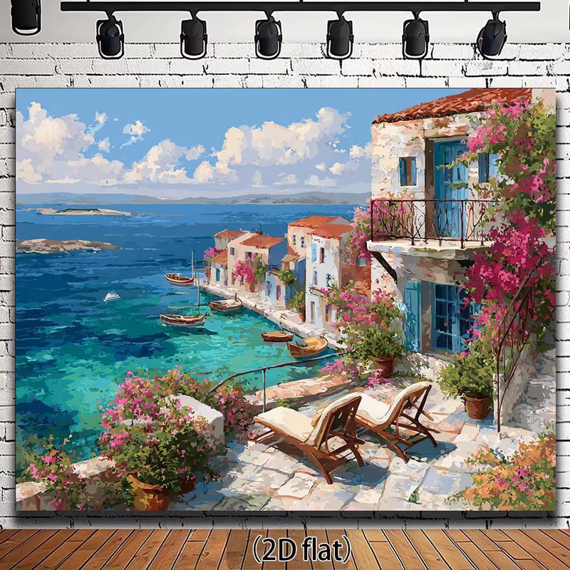

Mediterranean Coastal Scene Tapestry, Greek Island Oil Painting Print 47.2x31.5inch/120*80cm