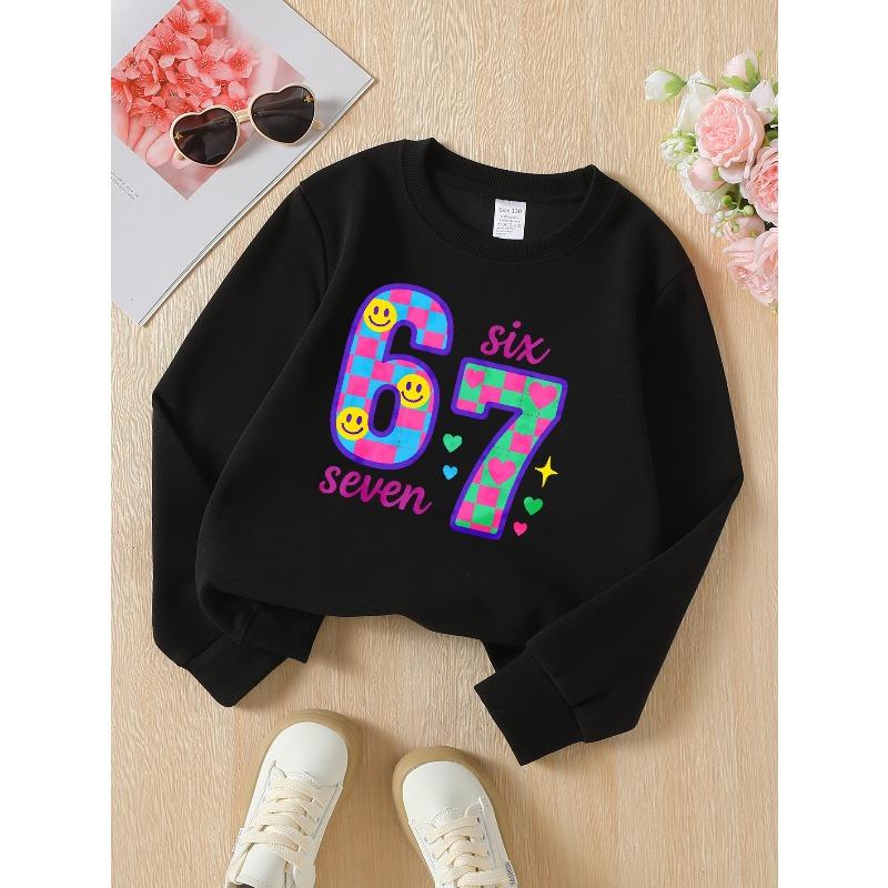 Kids Unisex Crewneck Sweatshirt, Checkerboard Number 67 Six Seven Smiley Heart Star Print Soft Fleece Pullover For Kids Over 4 Years Old 110