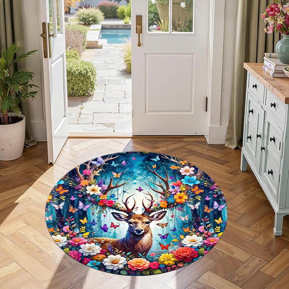 Elk Round Floor Mat Design for Dining Room Entryway Bedrooms Game Room Anti-slip Round Rug Decorate Offices Perfect Gift for Friends Family