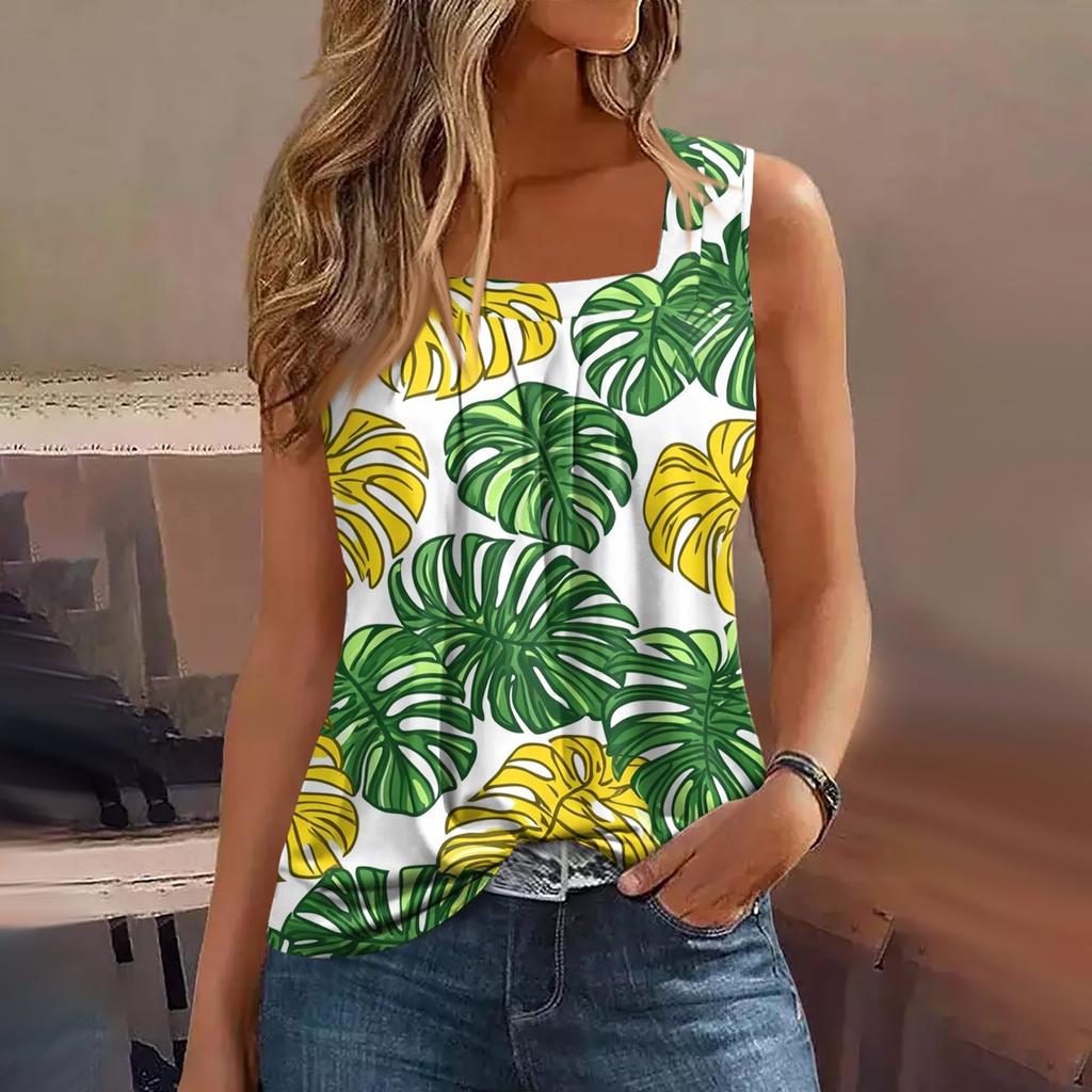 Women's Summer Casual Pleated Square Neck Sleeveless Tank Top Printed T-Shirt
