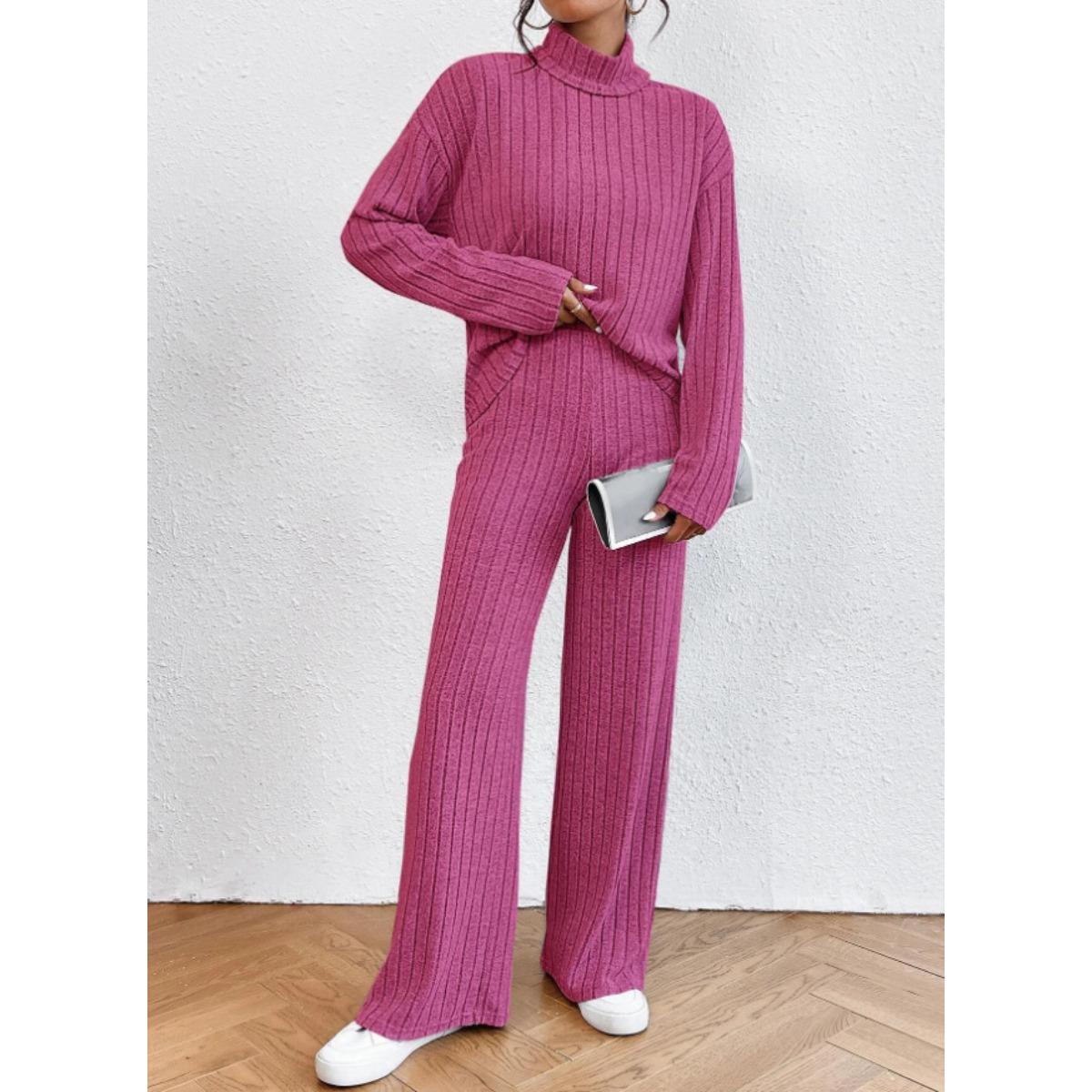 

Осенне-зимний повседневный комплект с высоким воротником, вязаный, с длинными рукавами, женское худи для внешней торговли, свободные брюки, комплект из двух предметов XXL розы красного