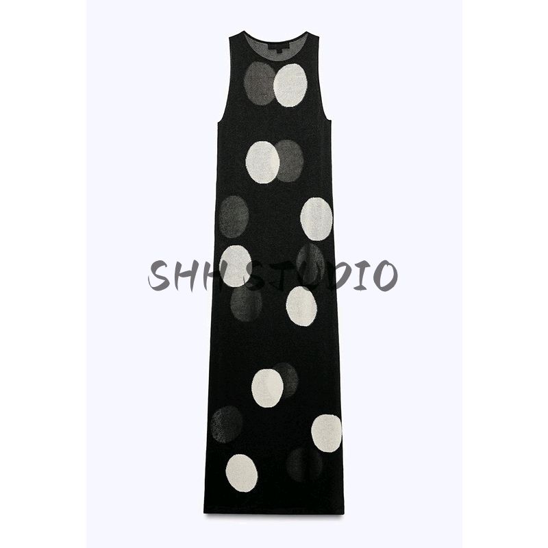 Summer New Product Women's Clothes French Style Design Sleeveless round Neck Polka Dot Knitting Long Dress 9598205