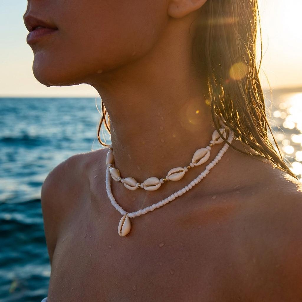 Bohemian Double Layer Seashell Necklaces For Women Handmade White Rice Beads Shell Short Collar Choker Beach Party Neck Zircon